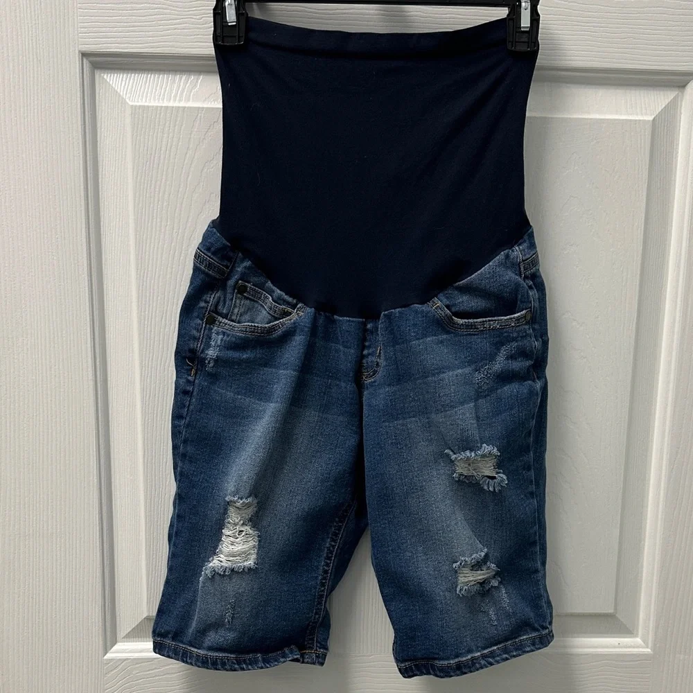 Indigo‎ Blue Maternity Stretch Panel Distressed Shorts